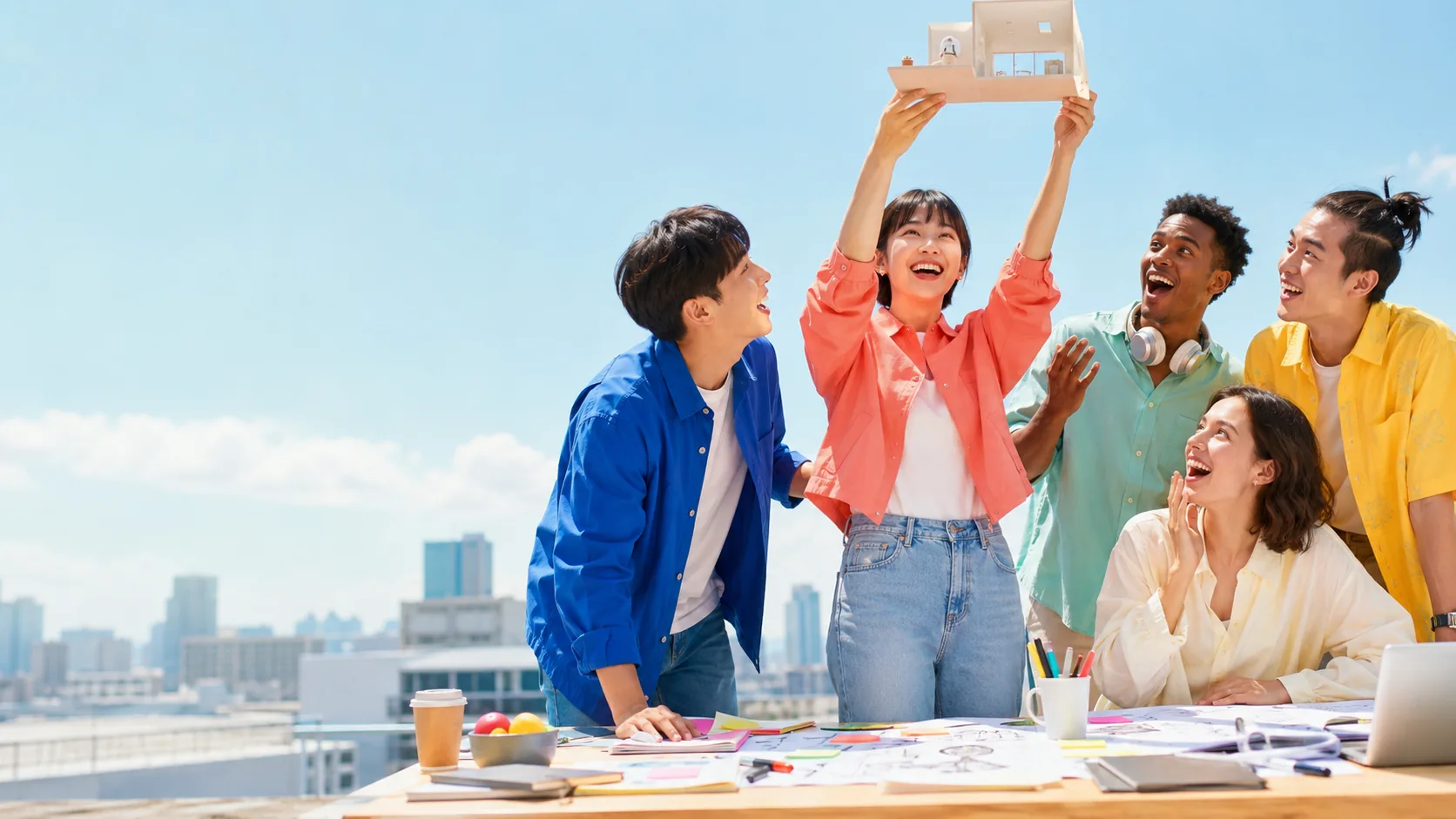 A team on a rooftop holding up the model they finished together