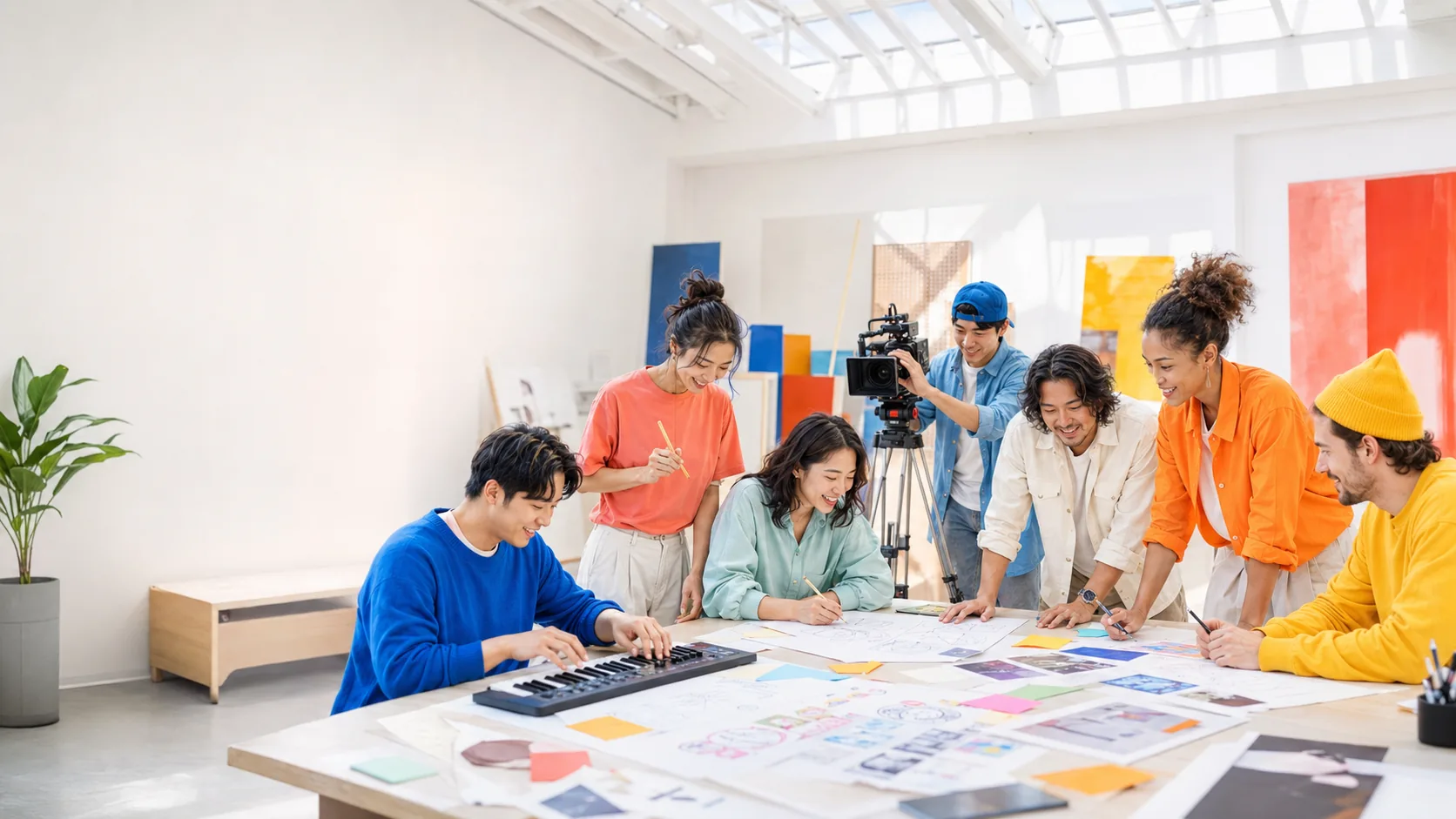 A studio where a project is being made — camera, music and design side by side
